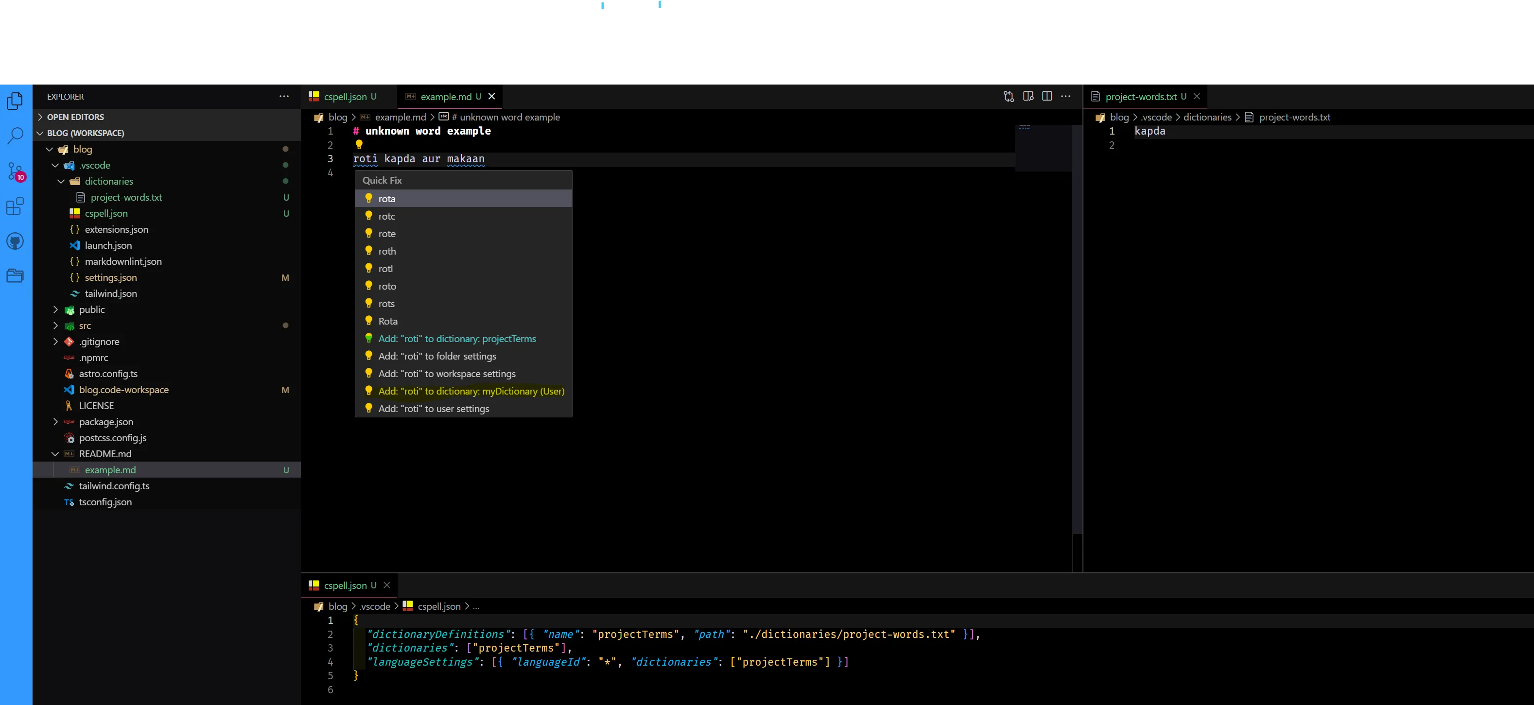 workspace specific dictionary